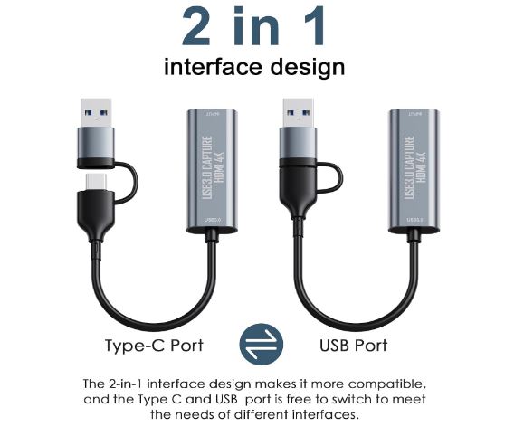 Hdmi Female To USB 3.0 Male Or USB-C Male Dual interface Plug-and-play Video Audio Capture 1080P 60FPS/2K 30FPS Compatible For Windows macOS and Android systems - Image 3