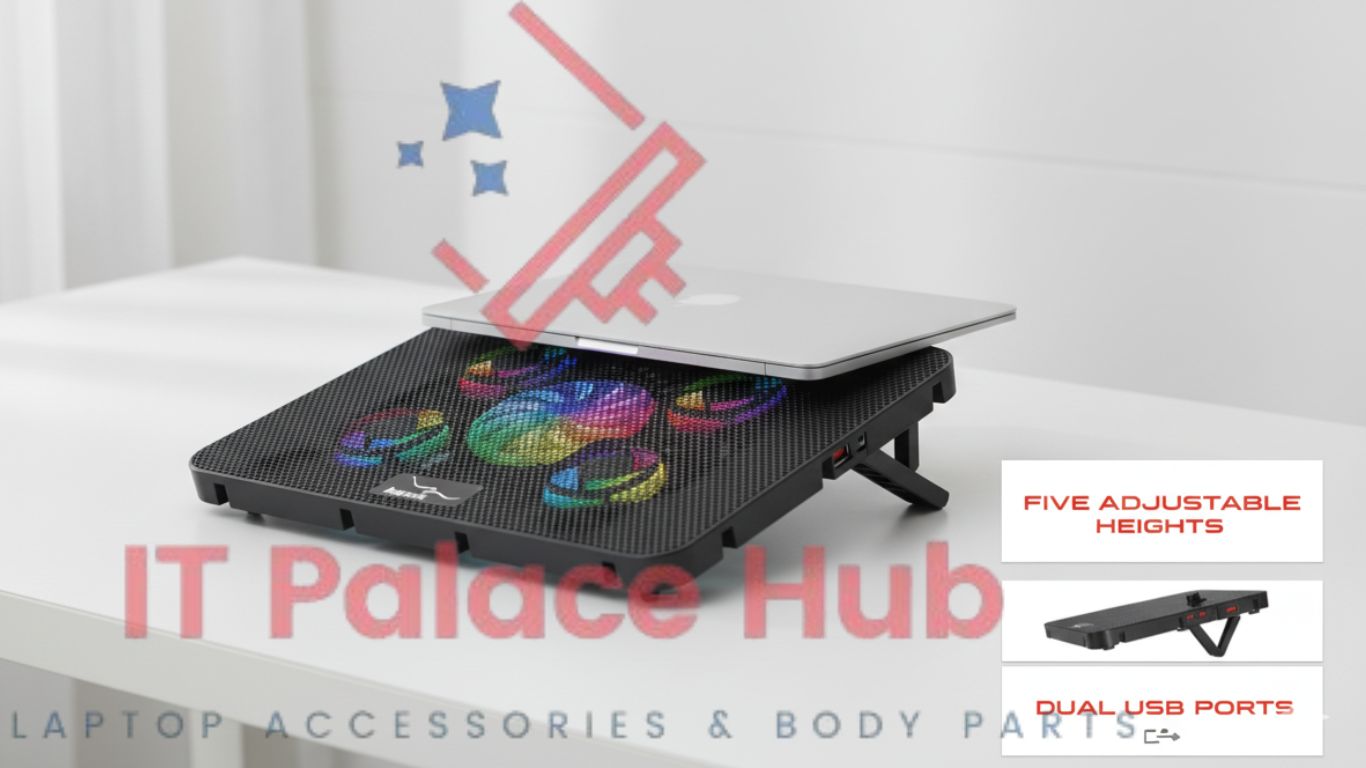 New Laptop Cooling Pad 5 Fans high speed With RGB LED lighting Portable and lightweight Style 2 USB Power Button Adjustable Angle With Plug Or Play