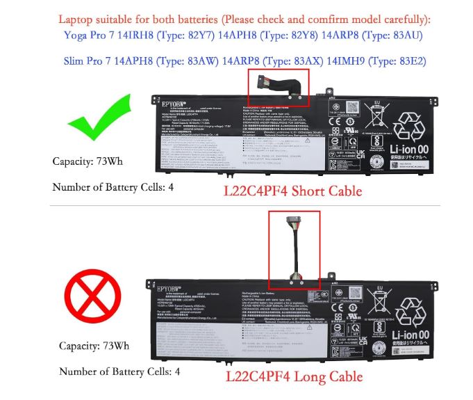 L22C4PF4 L22D4PF4 Laptop Battery fOR Lenovo Short Cable Yoga Pro 7 14IRH8 Series P/N : L22M4PF4 SB11K24759 5B11K24764 - Image 2