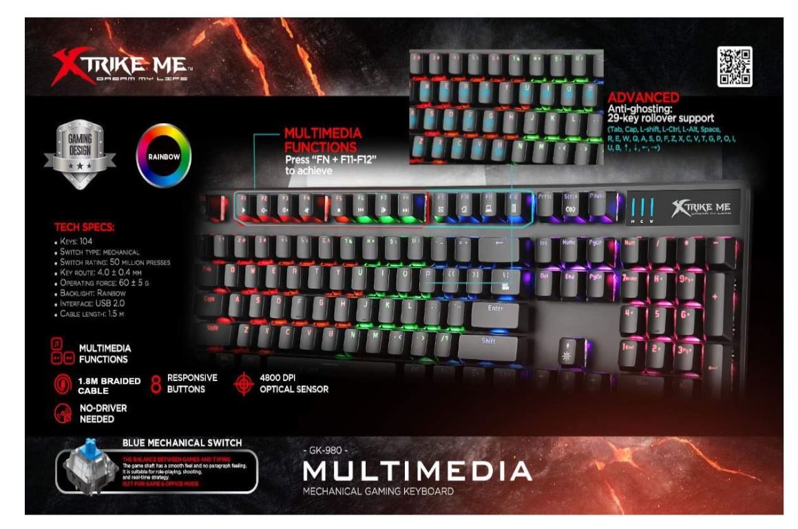 Plug & Play Connection USB Wired Cable Xtrike Me GK 980 Multicolor Gaming Mechanical Backlighting Keyboard Compatible PC Desktop Laptops - Image 4