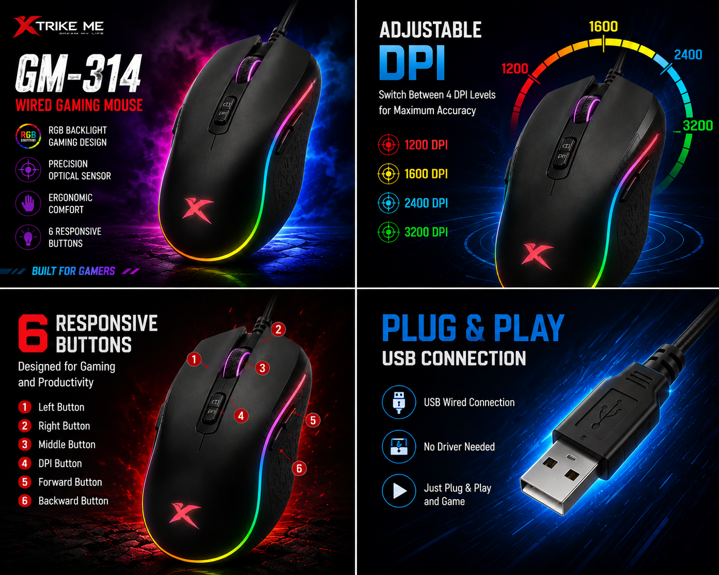 Ergonomic Design & Comfortable RGB Lighting Gaming Mouse USB Plug & Play With 6 Responsive Buttons Connectivity USB Wired Adjustable DPI cursor control Xtrike Me GM 314 Bk Compatibility Windows macOS Android - Image 4