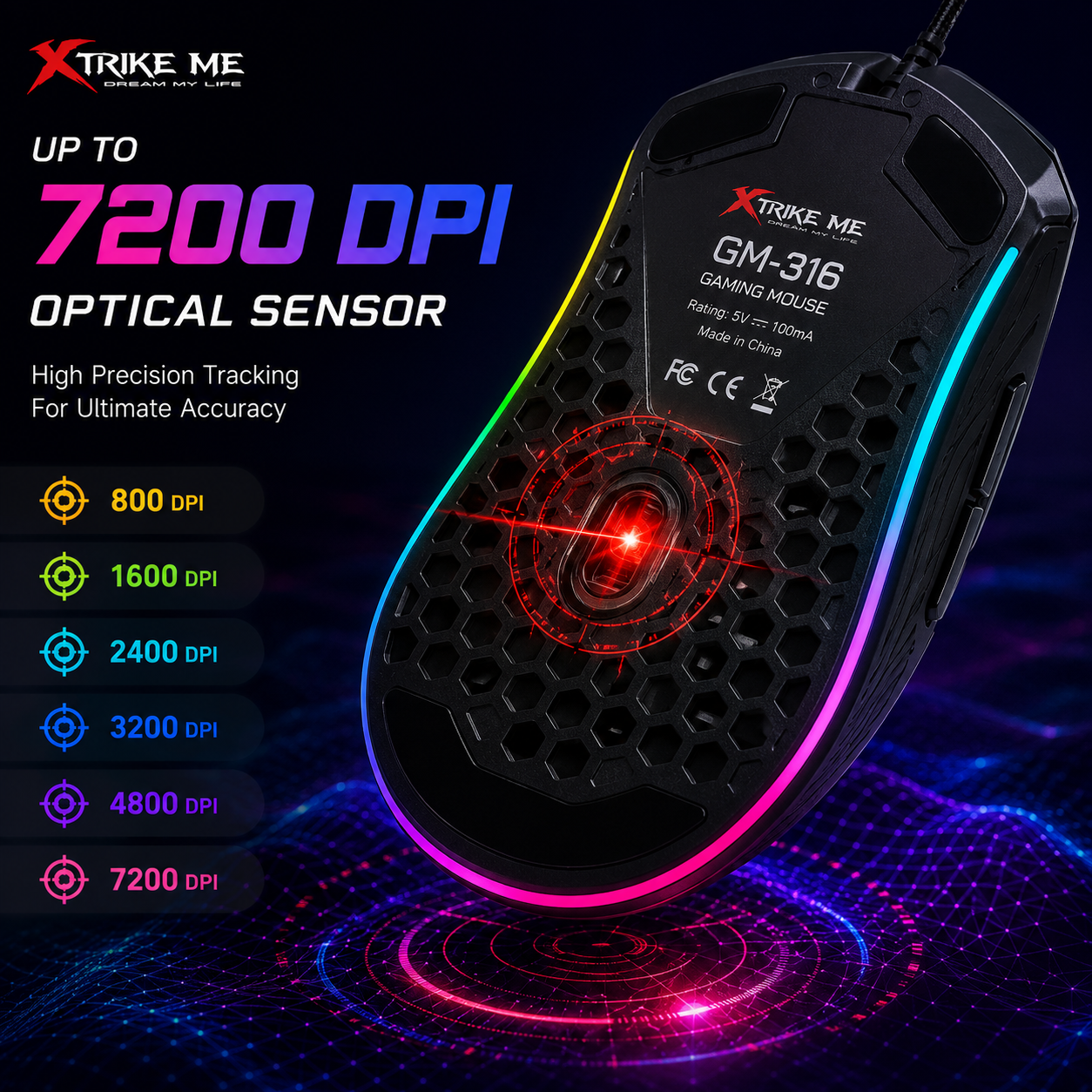 Ergonomic Design & Comfortable RGB Lighting 13 Effects Gaming Mouse Plug & Play With 7 Programmable Buttons Connectivity Wired USB Adjustable DPI Optical Sensor Xtrike Me Gm-316 Compatibility Windows macOS Android - Image 4