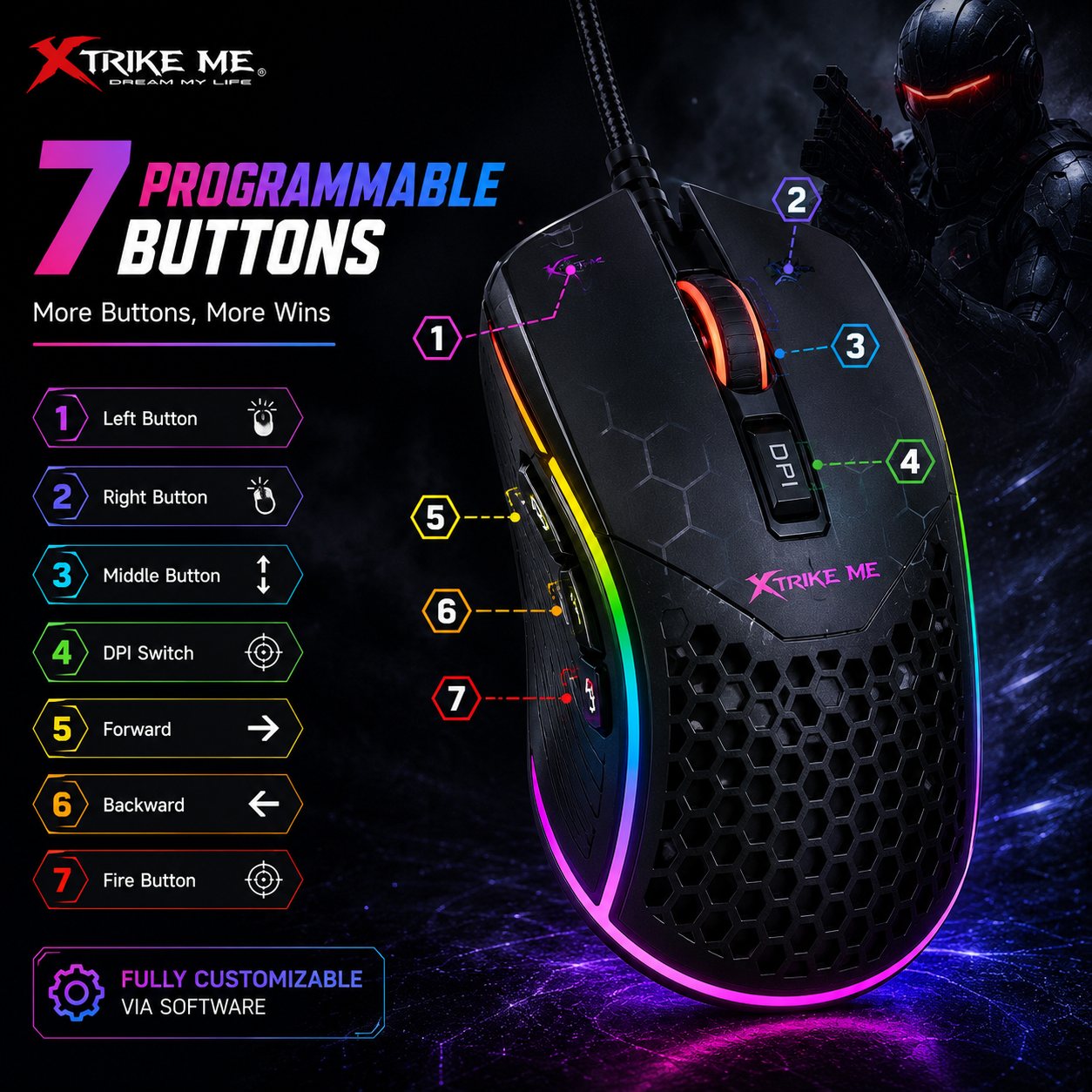 Ergonomic Design & Comfortable RGB Lighting 13 Effects Gaming Mouse Plug & Play With 7 Programmable Buttons Connectivity Wired USB Adjustable DPI Optical Sensor Xtrike Me Gm-316 Compatibility Windows macOS Android - Image 3