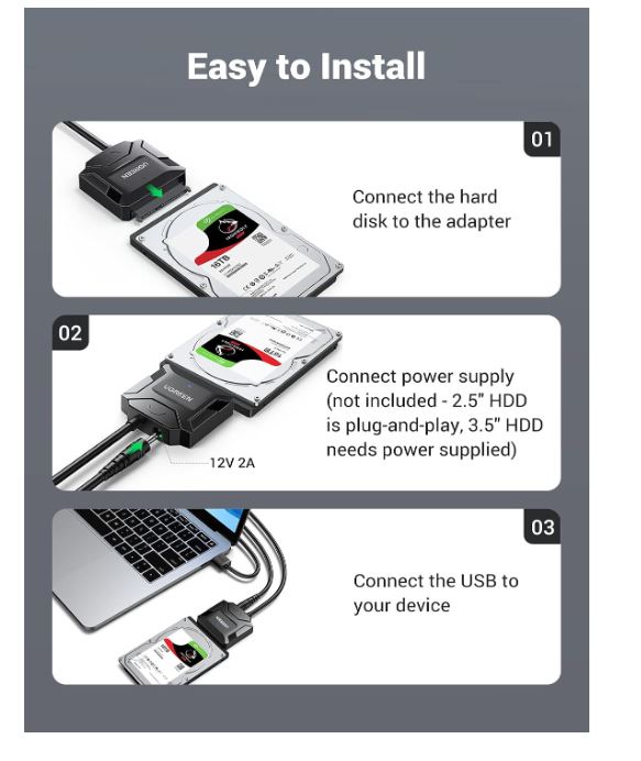 USB 3.0 To SATA Cable Adapter HDD SSD 2.5 & 3.5 Inch Tool-Free, Support Plug & Play with 12V Power Supply Interface - Image 3