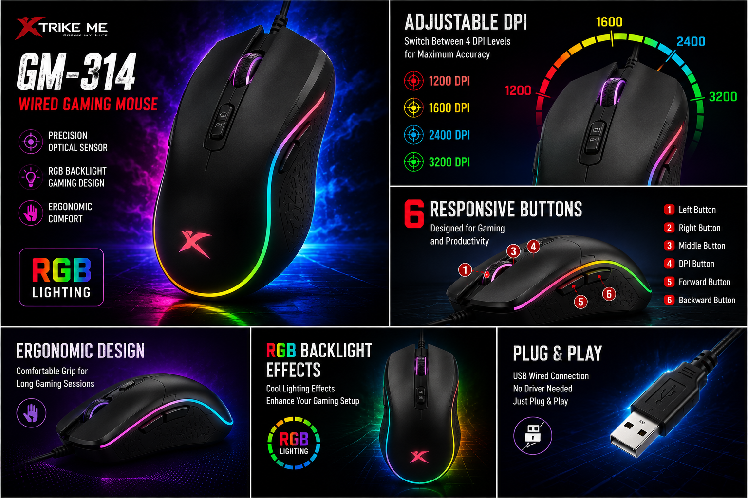 Ergonomic Design & Comfortable RGB Lighting Gaming Mouse USB Plug & Play With 6 Responsive Buttons Connectivity USB Wired Adjustable DPI cursor control Xtrike Me GM 314 Bk Compatibility Windows macOS Android - Image 3