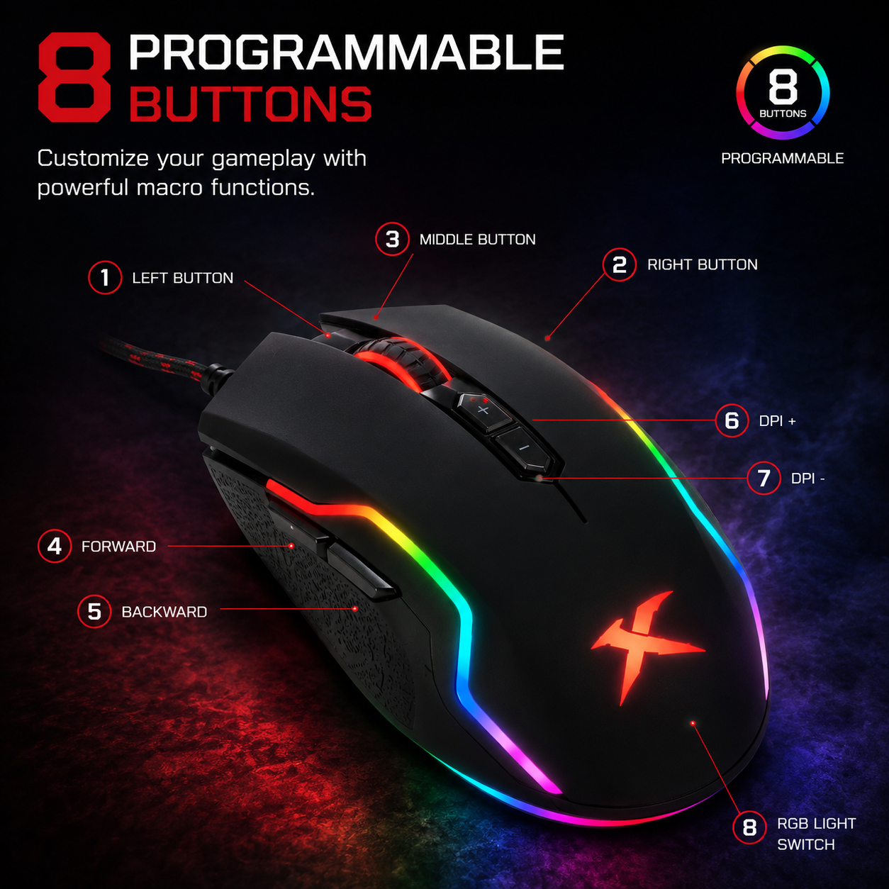 Ergonomic Right-Handed 13 Color RGB Dynamic Mouse Plug & Play With 8 Programmable Buttons Connectivity Wired USB Adjustable DPI Optical Sensor Xtrike Me Gm 520 Compatibility Windows Gaming Desktop Laptops - Image 4