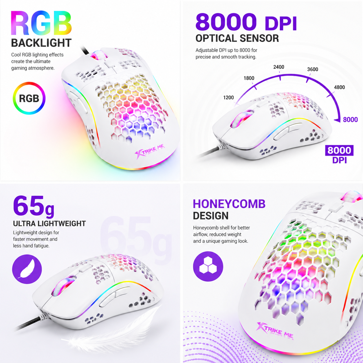 Lightweight Dynamic RGB Gaming Mouse With 6 Programmable Buttons Connection USB Wired Adjustable DPI 8000 Xtrike Me GM209W Compatibility Windows macOS Android - Image 2