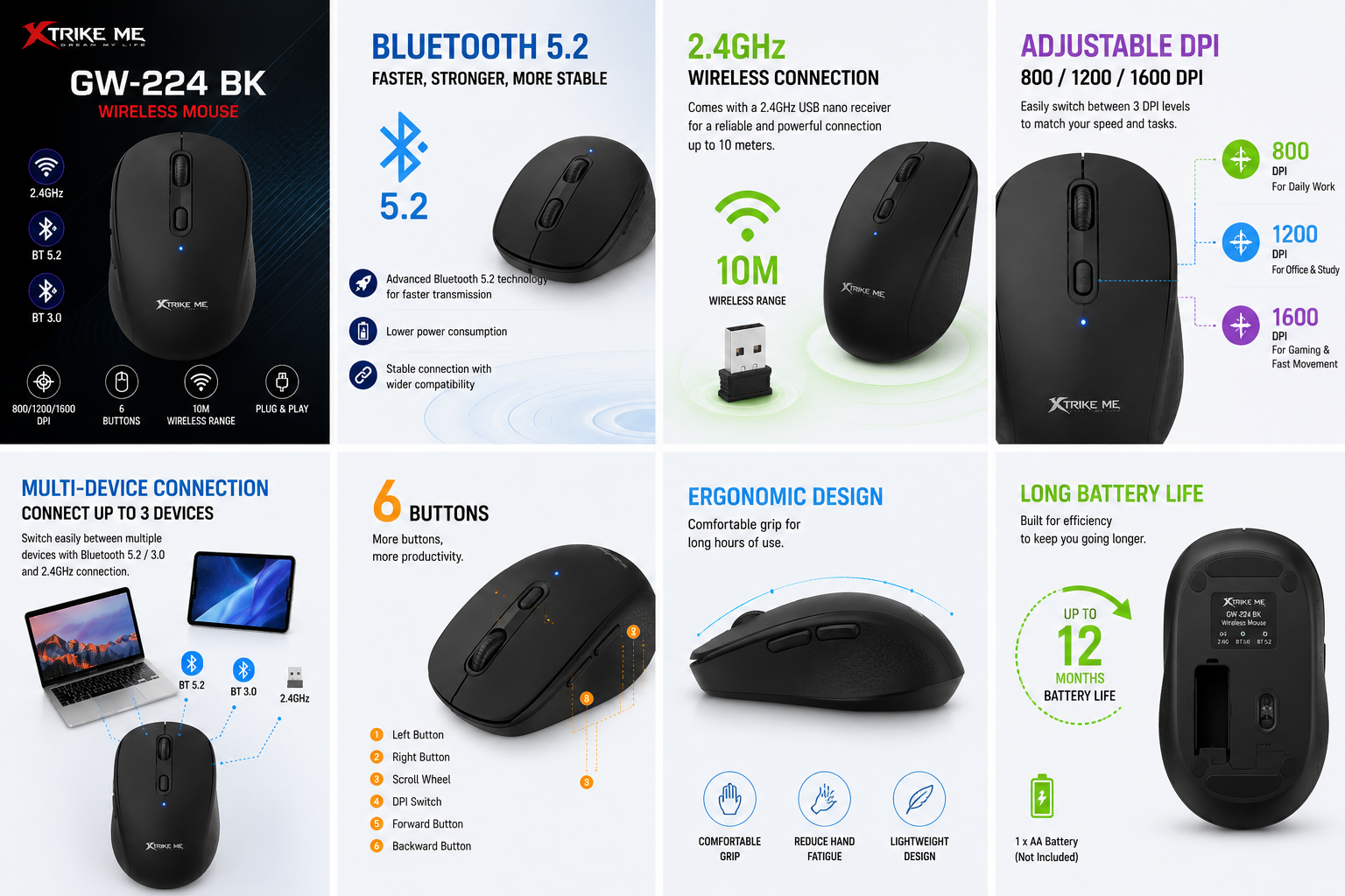 Lightweight Ergonomic Design With 6 Programmable Buttons 2.4GHz Bluetooth 3.0 & Bluetooth 5.2 Connectivity Wireless Mouse Adjustable DPI Cursor Control Xtrike Me GW-224 BK Compatibility Windows macOS Android - Image 5