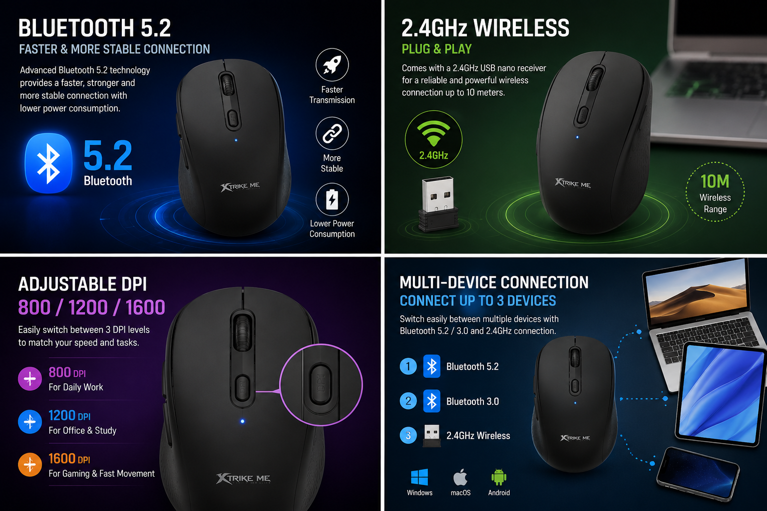 Lightweight Ergonomic Design With 6 Programmable Buttons 2.4GHz Bluetooth 3.0 & Bluetooth 5.2 Connectivity Wireless Mouse Adjustable DPI Cursor Control Xtrike Me GW-224 BK Compatibility Windows macOS Android - Image 6