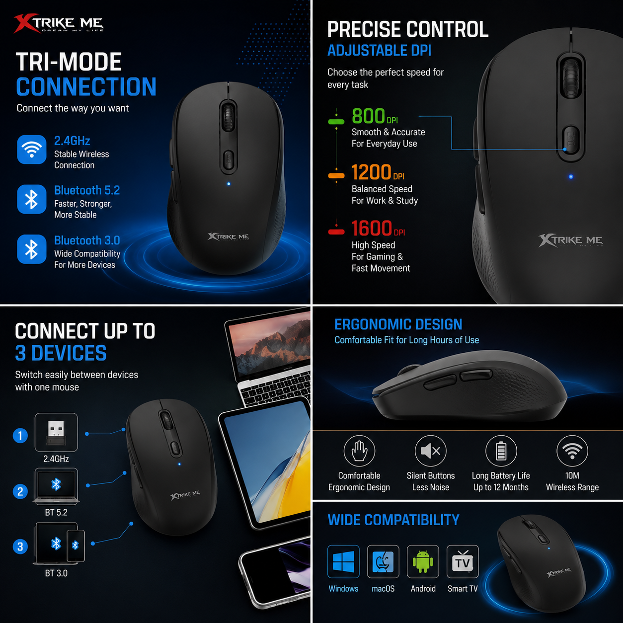 Lightweight Ergonomic Design With 6 Programmable Buttons 2.4GHz Bluetooth 3.0 & Bluetooth 5.2 Connectivity Wireless Mouse Adjustable DPI Cursor Control Xtrike Me GW-224 BK Compatibility Windows macOS Android - Image 7
