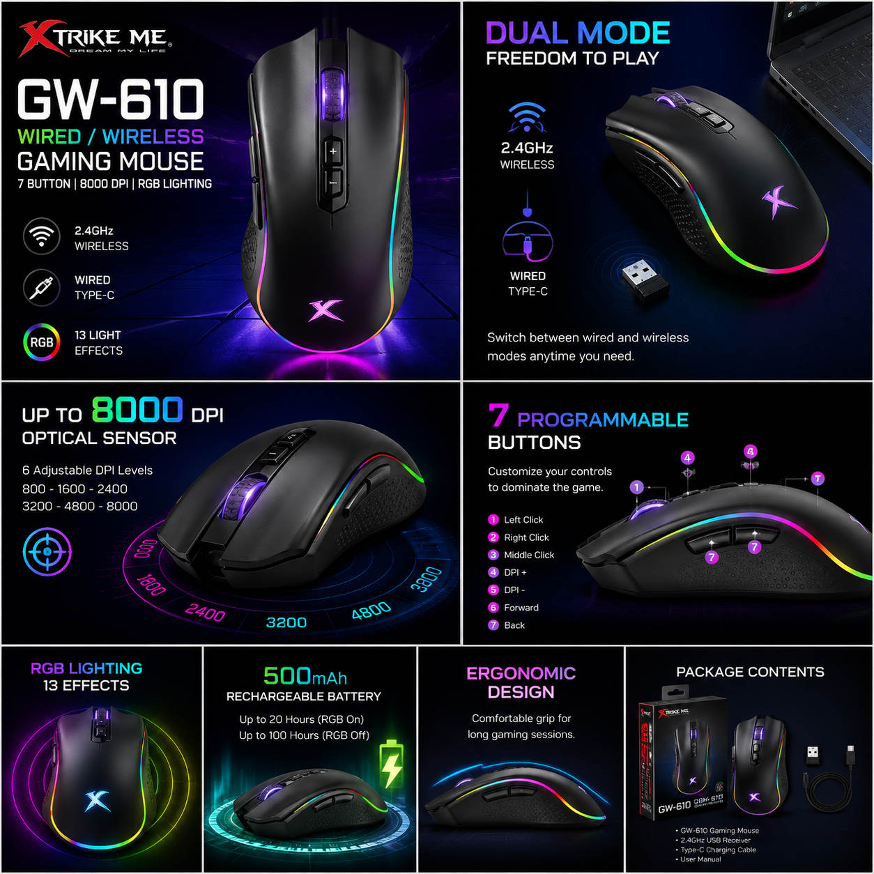 Customizable 13 RGB Effects Mouse Plug & Play With 7 Programmable Buttons Connectivity Wired USB & 2.4GHz Wireless Adjustable DPI 8000 Optical Sensor Xtrike Me Gw-610 Compatibility Windows Gaming Desktop Laptops - Image 2