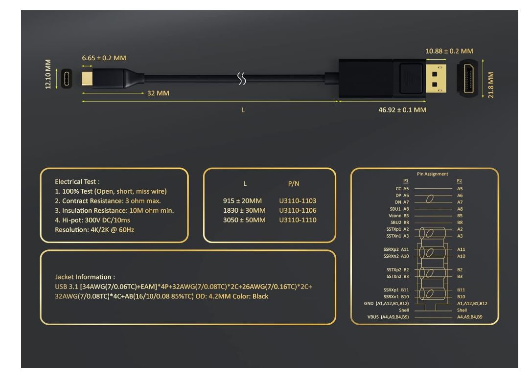 Full HD 1080P Gold Plated Digital Video Display Port Male To USB Type C 3.1 Male Adapter Cable For PC Or Laptop Monitor HD TV - Image 3