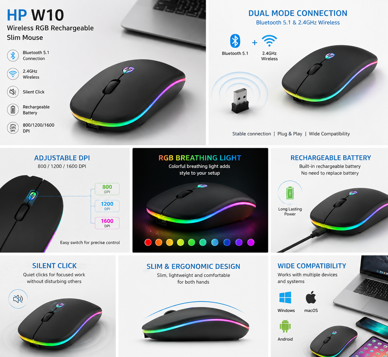 Slim & Ergonomic Design With RGB Light Connectivity Wireless 2.4GHz Bluetooth USB Rechargeable Mouse HP Model W10 Compatibility Laptops Desktops Tablets - Image 5