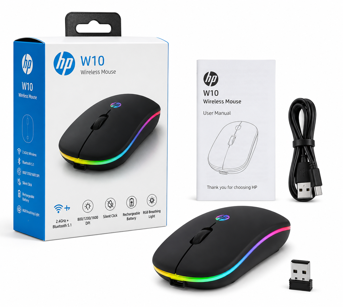 Slim & Ergonomic Design With RGB Light Connectivity Wireless 2.4GHz Bluetooth USB Rechargeable Mouse HP Model W10 Compatibility Laptops Desktops Tablets - Image 4