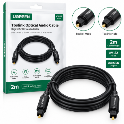 UGREEN Toslink  Gold Plated Connectors  Male to Male Optical  Digital Optic  Audio   Fiber Cable  Model: AV122  Compatible For Home Theater  Sound bar Xbox