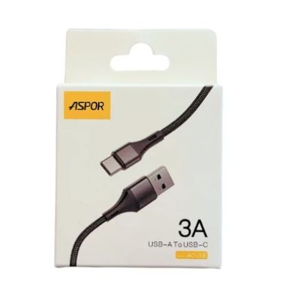 Durable Nylon Braided   Aspor Ac-18   USB A Male to Type C  Male  3A Fast Charging & Data  Transfer  Cable