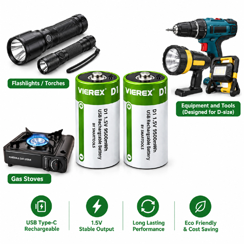 VIEREX Lithium ion D1Rechargeable Battery 1.5V Cells With USB Type C Cable Devices For Flashlights Water Heaters Electronic Devices Gas Stoves - Image 2