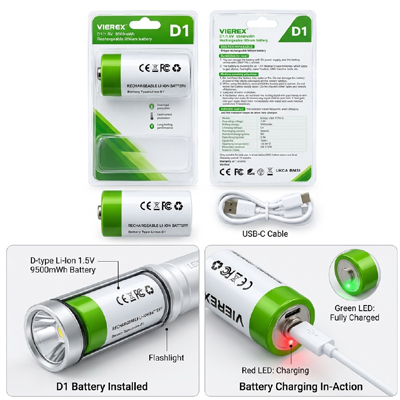 VIEREX Lithium ion D1Rechargeable Battery 1.5V Cells With USB Type C Cable Devices For Flashlights Water Heaters Electronic Devices Gas Stoves - Image 4