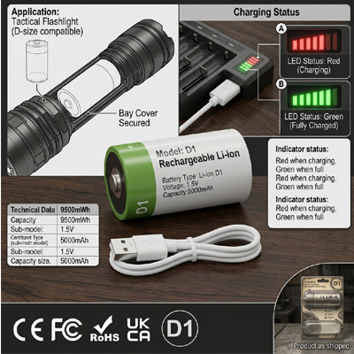 VIEREX Lithium ion D1Rechargeable Battery 1.5V Cells With USB Type C Cable Devices For Flashlights Water Heaters Electronic Devices Gas Stoves - Image 5