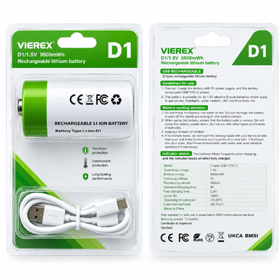 VIEREX Lithium ion D1Rechargeable Battery 1.5V Cells With USB Type C Cable Devices For Flashlights Water Heaters Electronic Devices Gas Stoves - Image 3